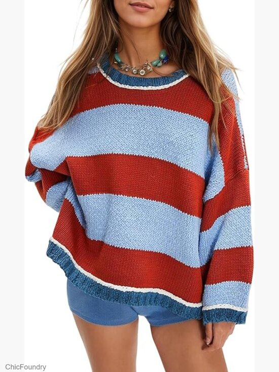 Sweaters - Chunky Knit Striped Sweater Oversized Pullover Long Sleeve Crew Neck